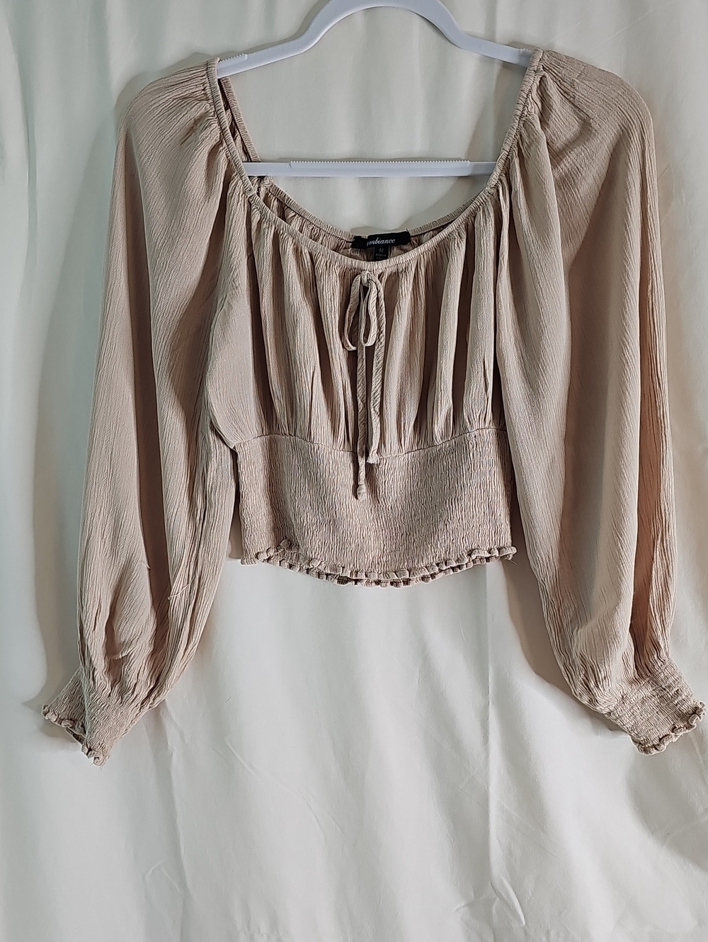 Ambiance Beige Tie-Front Peasant Crop Top